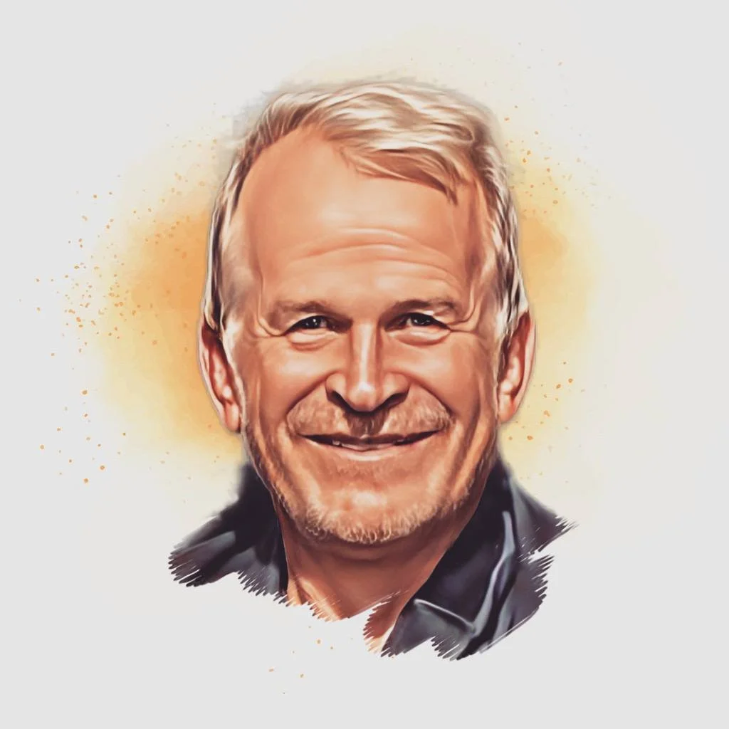 A smiling middle-aged man with blond hair and a beard, wearing a dark jacket, in a watercolor style portrait.