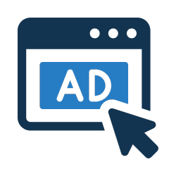 Web browser window with an advertisement placeholder and a cursor pointing at it.