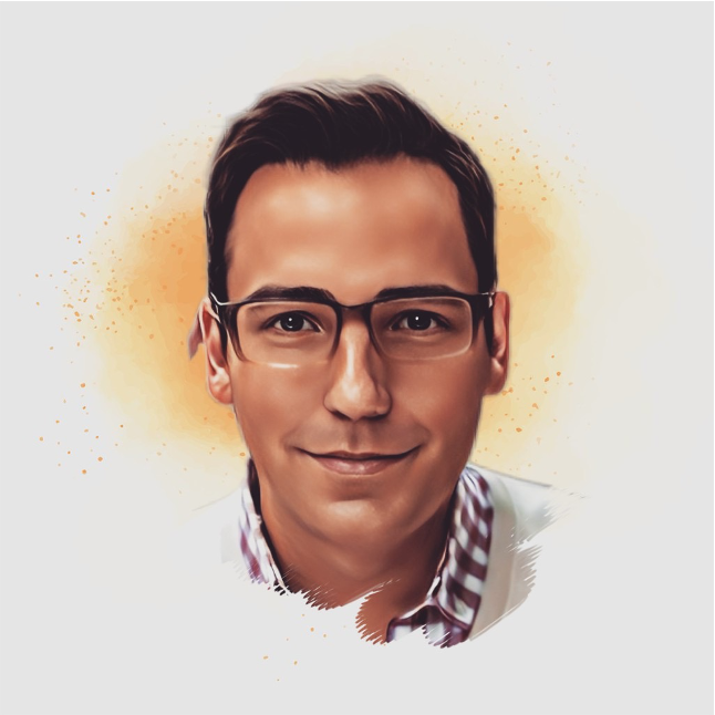 Portrait of a man with dark hair, glasses, and a slight smile, wearing a checkered shirt and a light blazer, against a warm orange and yellow background.