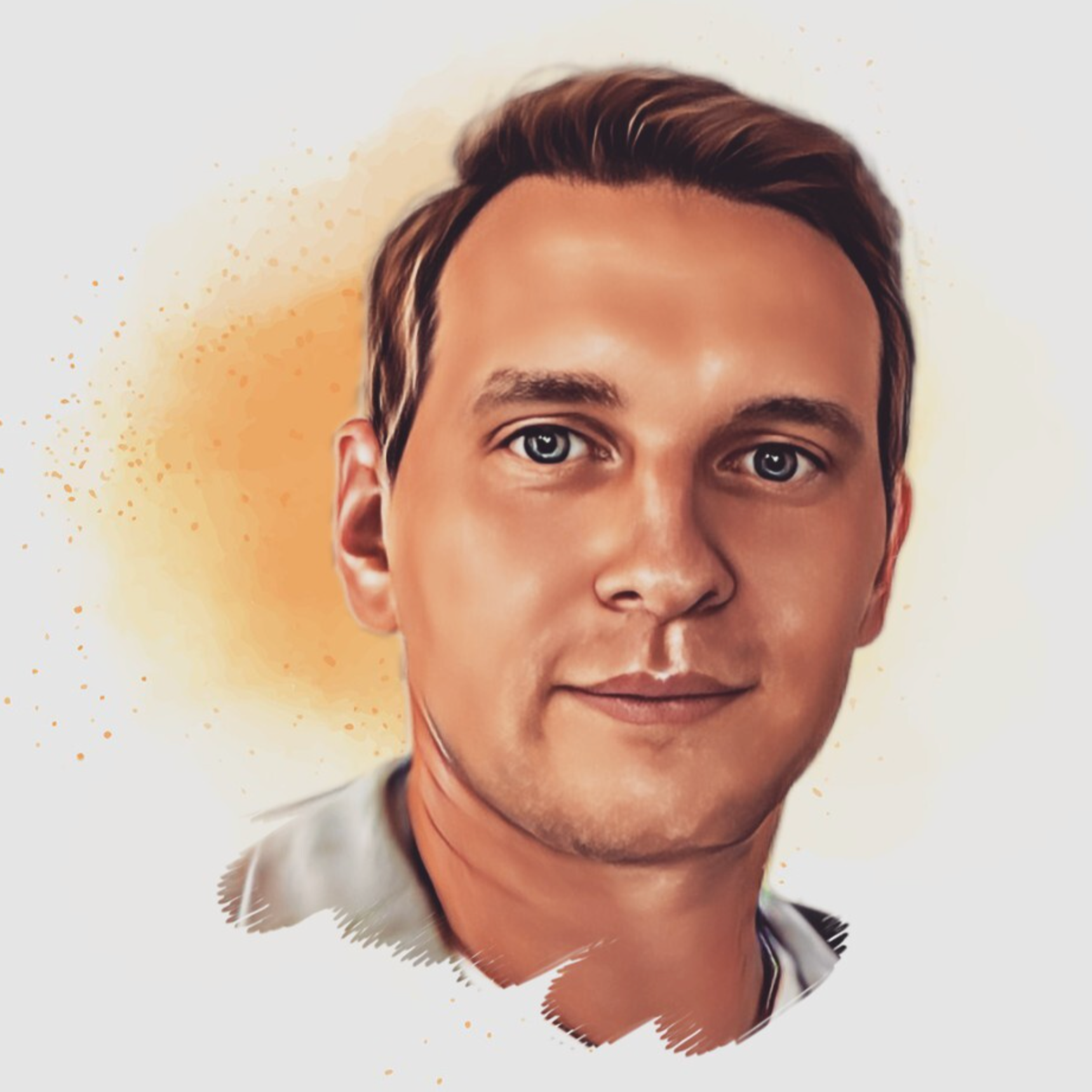 A digitally painted portrait of a young man with light brown hair, blue eyes, and a slight smile. The background features a soft peach and cream gradient with subtle splashes of color.