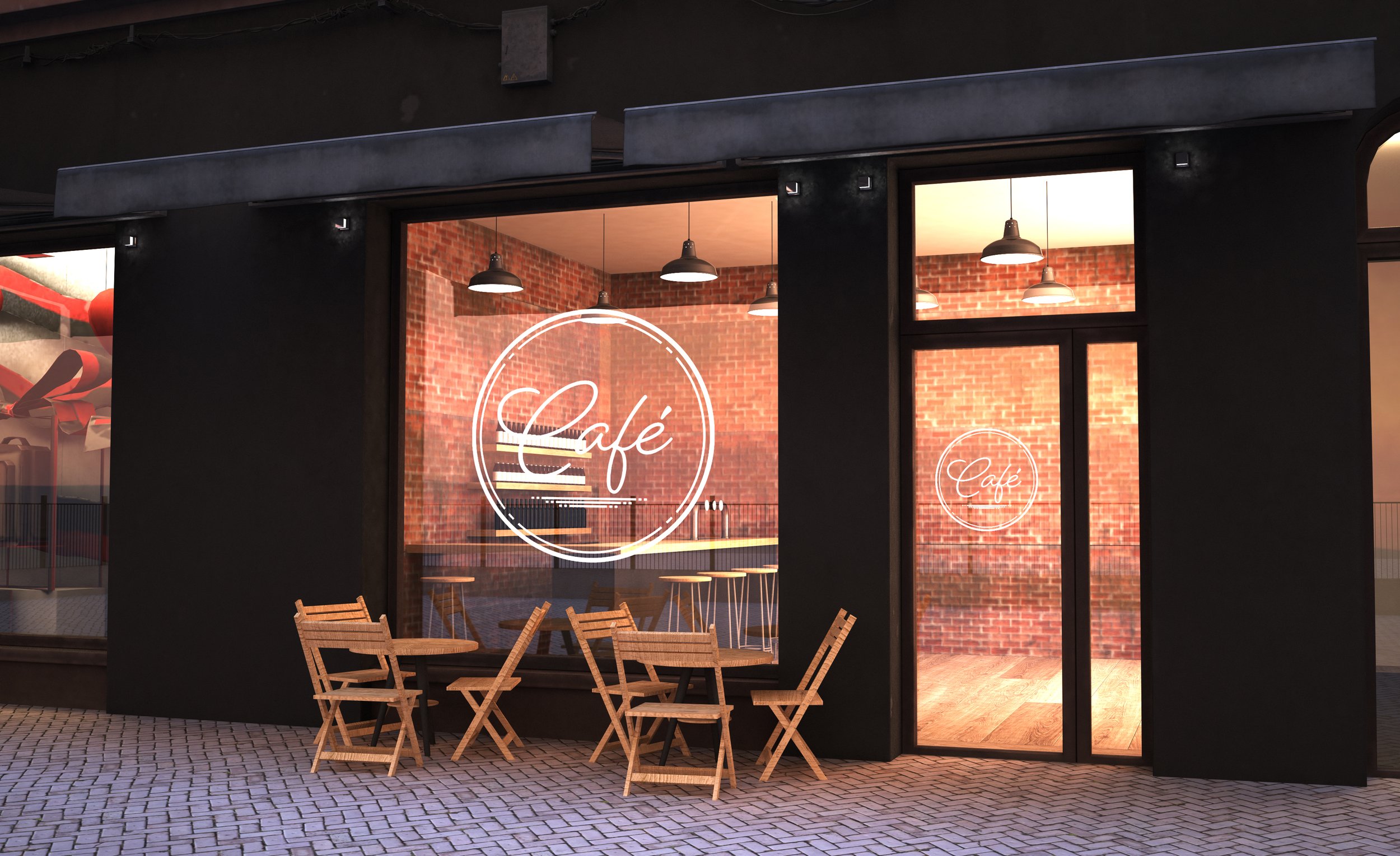Exterior of a modern café with large glass windows and door, featuring neon signs with the word 'Café.' Small wooden tables and chairs are outside on a paved sidewalk. The café has an industrial-style interior with brick walls and hanging pendant lights.