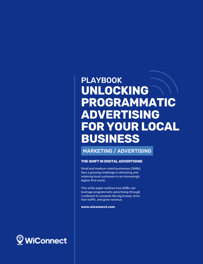 Cover page of a white paper titled 'Playbook Unlocking Programmatic Advertising for Your Local Business' with a blue background and WiConnect logo.