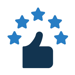 Thumbs-up icon surrounded by six blue stars forming a circle