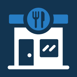 Simple illustration of a cafe or restaurant entrance with a door, window, and a sign featuring a fork and knife.