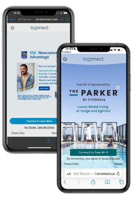 Two smartphones displaying advertisements for Tconnect, a Wi-Fi service. The phone on the left shows a promotion for RBC Newcomer Advantage, and the phone on the right advertises The Parker by Fitzrovía, a luxury rental living space with free Wi-Fi on a rooftop terrace.