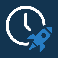 Icon of a clock with a rocket taking off in front of it.