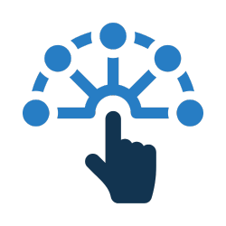 A blue icon of a hand clicking a circular gauge or dial, representing adjustment or control.