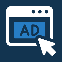 Web browser window with an advertisement placeholder and a cursor pointing at it