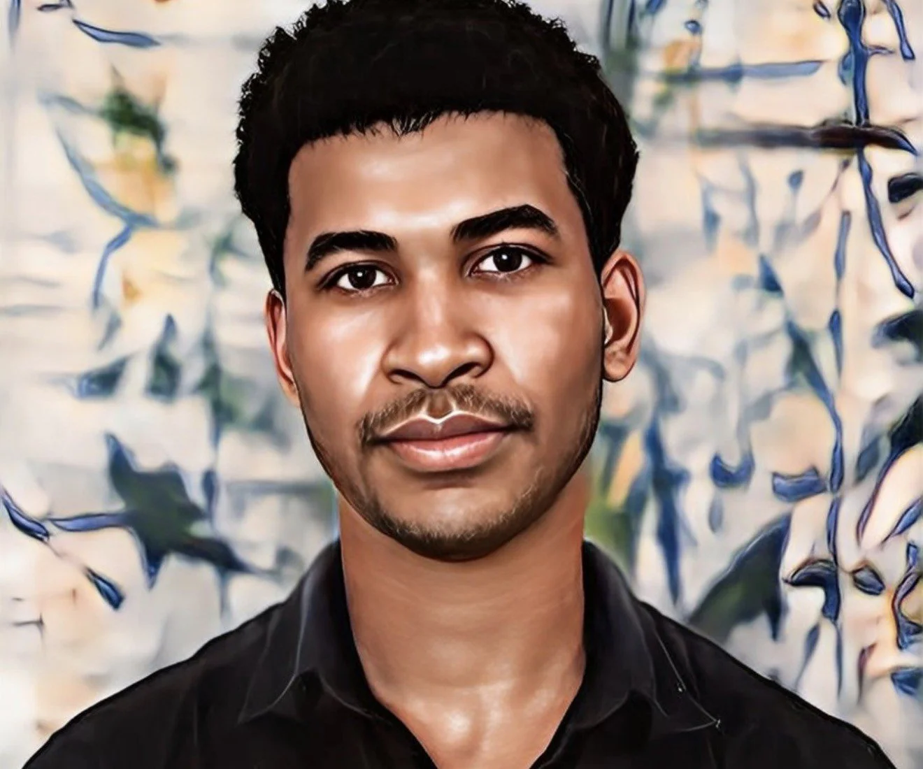 A man with dark hair and a slight beard wearing a black shirt, smiling slightly, against a abstract, textured background with blue and beige tones.