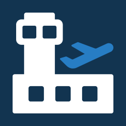 Simplified icon of an airport with a control tower and an airplane taking off or landing.
