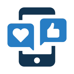 Icons of a heart and a thumbs-up in speech bubbles on a smartphone screen, representing social media likes and loves.