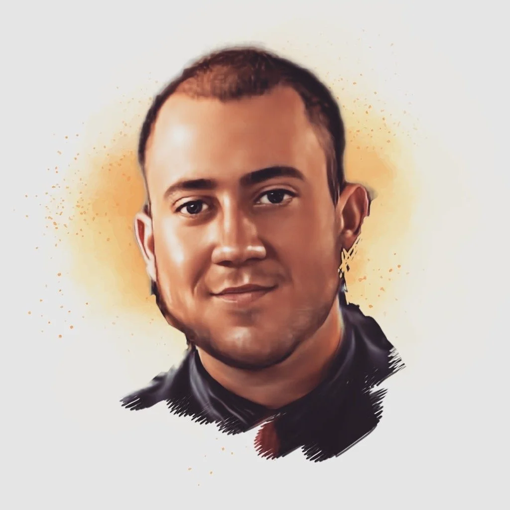 Digital portrait of a young man with short hair, brown skin, wearing a black jacket, smiling slightly against a yellow and light background.