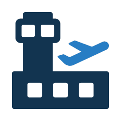 Airport control tower with an airplane icon flying nearby.