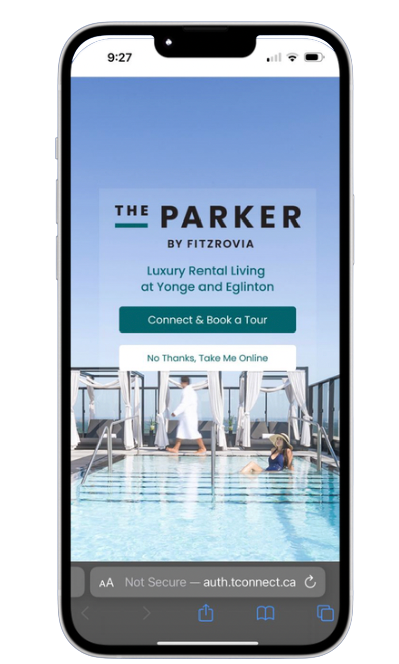 Mobile phone showing a website for The Parker by Fitzrovia, offering luxury rental living at Yonge and Eglinton. The site includes options to connect and book a tour or take information online, with a background image of a rooftop pool and patio area.