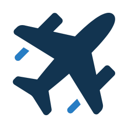 Silhouette of an airplane in dark blue with a perspective view from above.