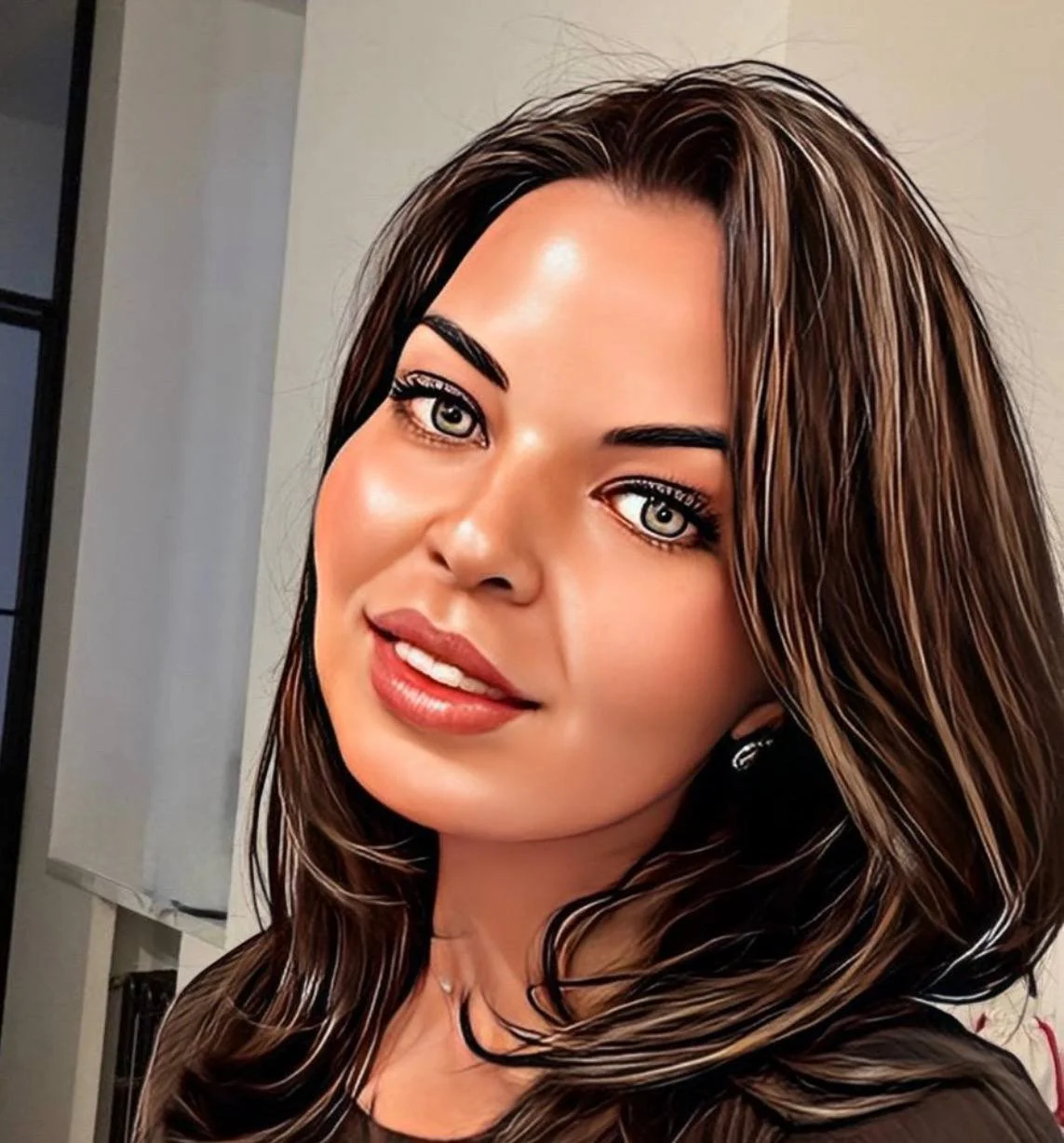 Close-up of a woman with brown hair, green eyes, and makeup, smiling at the camera indoors.