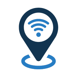 Wi-Fi signal icon inside a location pin on a black background