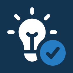 Icon of a light bulb with a checkmark badge on a dark background
