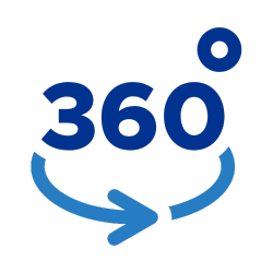 360-degree logo with a blue color scheme and curved arrows forming a circle beneath the text.
