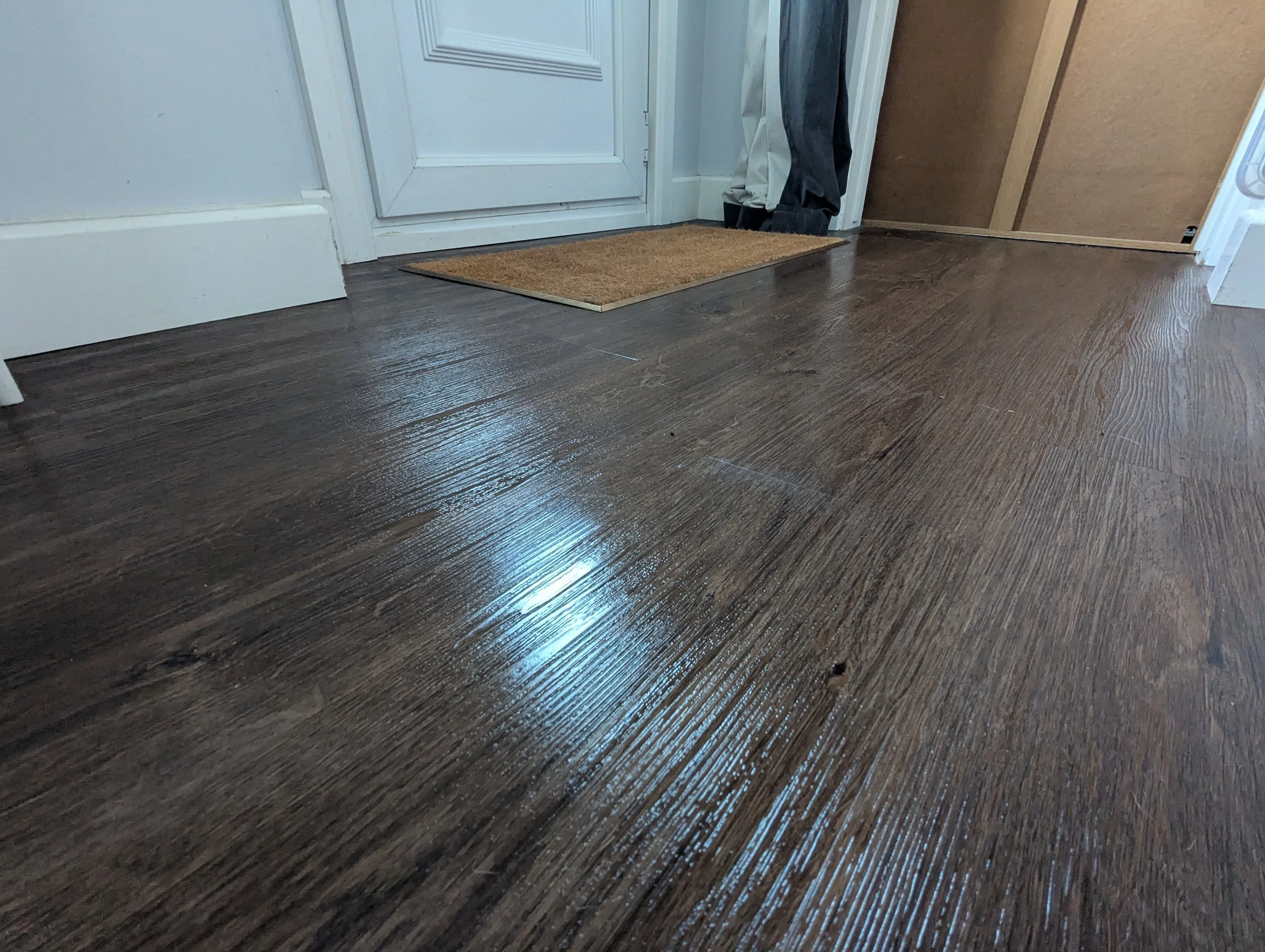 Close-up of a newly installed dark wood floor with a shiny finish in front of a white door and a door mat.
