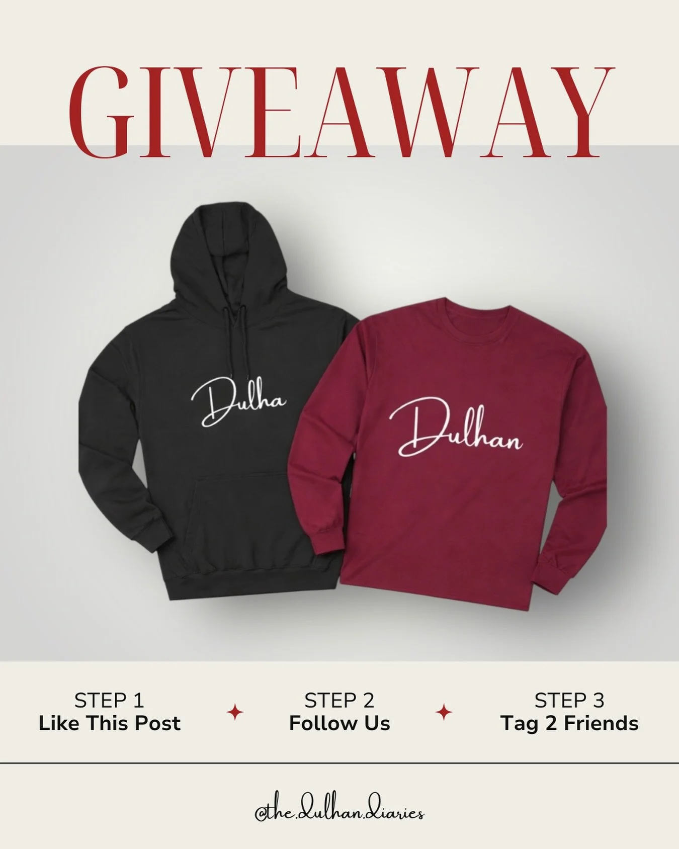 Because love looks even better in matching fits ❤️

We&rsquo;re giving away a Dulha + Dulhan hoodie &amp; sweatshirt set to 1 lucky couple ✨

To enter:
☑️ Like this post
☑️ Follow @the.dulhan.diaries
☑️ Tag 2 friends in the comments 

Winner will be 