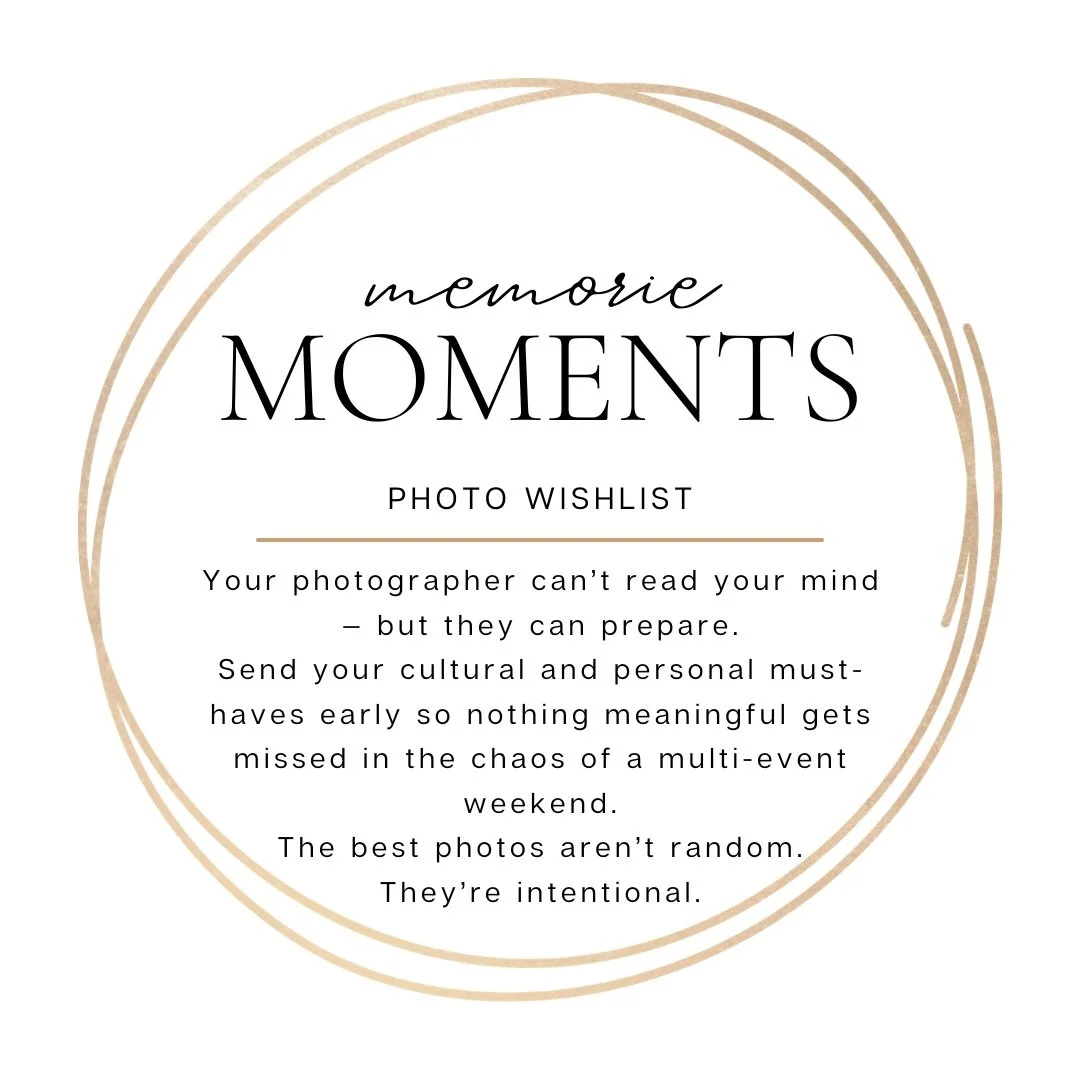#MemorieMoments | Send your photo wishlist early. 📸

Share your must-have shots with your photographer 2&ndash;3 months before the wedding.

Think beyond portraits:
&bull; Haldi details
&bull; Mehndi close-ups
&bull; Kaleere moments
&bull; Baraat en