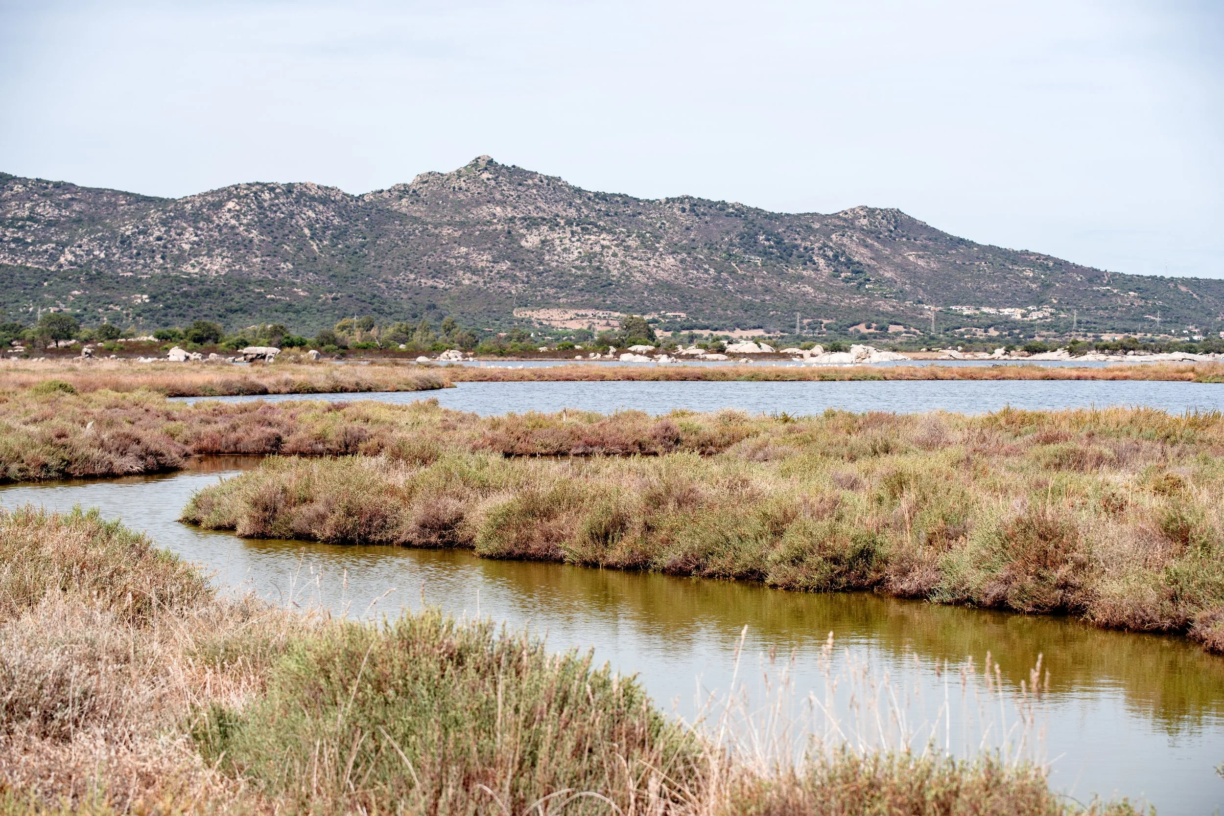  small river in the Stagno di San Teodoro with hills and mountains in the background 