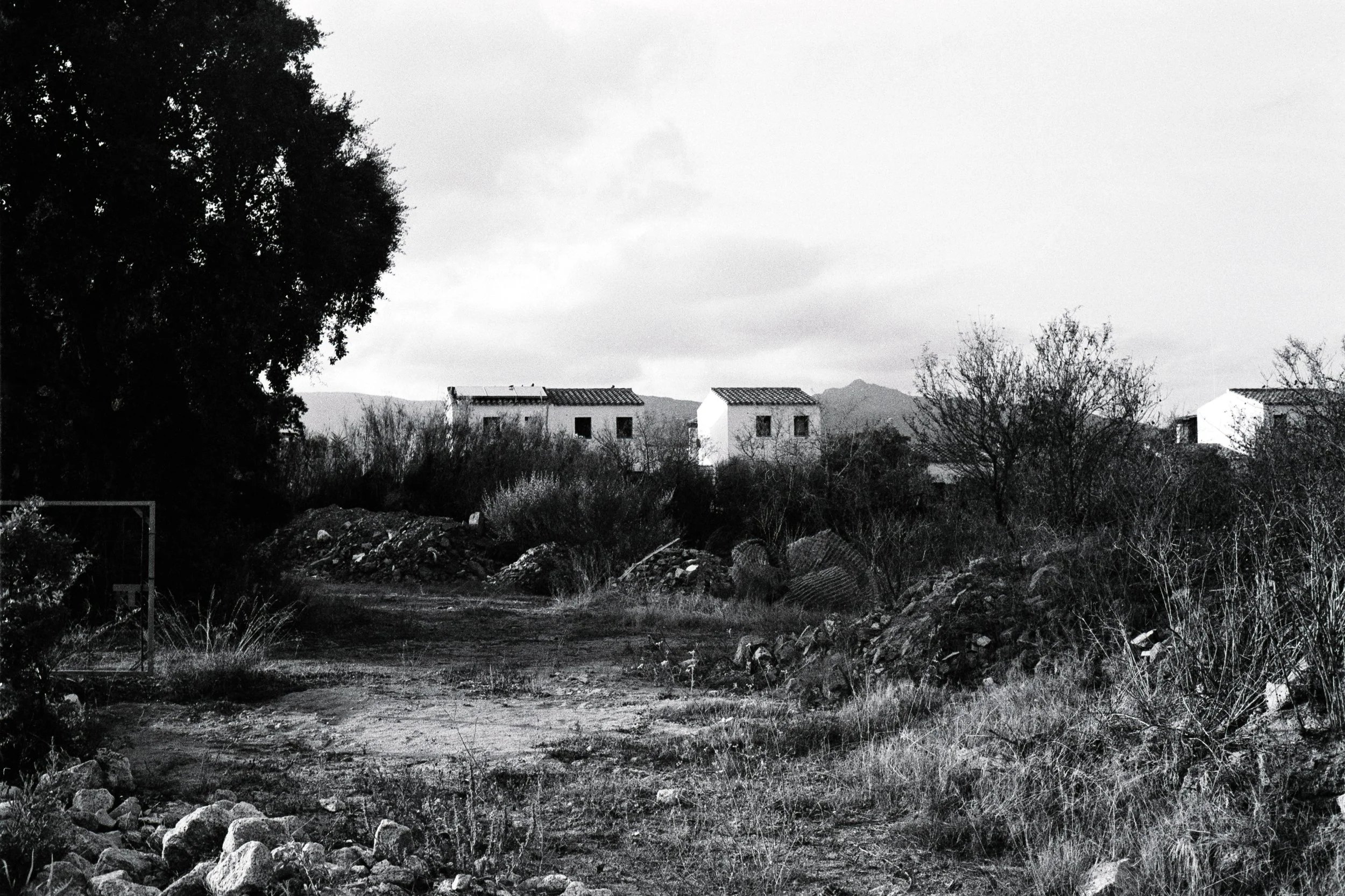 Black and white photo of a dirt road lined with rocks, bushes, and trees leading towards several small houses in the distance, with mountains in the background in San Teodoro, Sardinia.