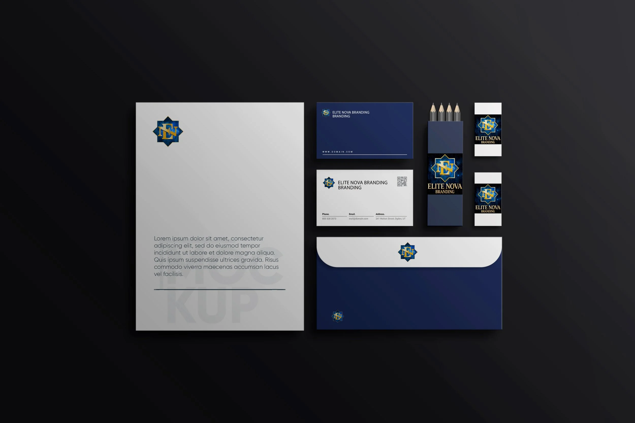 A collection of corporate branding materials including a letterhead, business cards, pens, envelopes, and notepads with a blue and gold logo and branding design on a dark background.