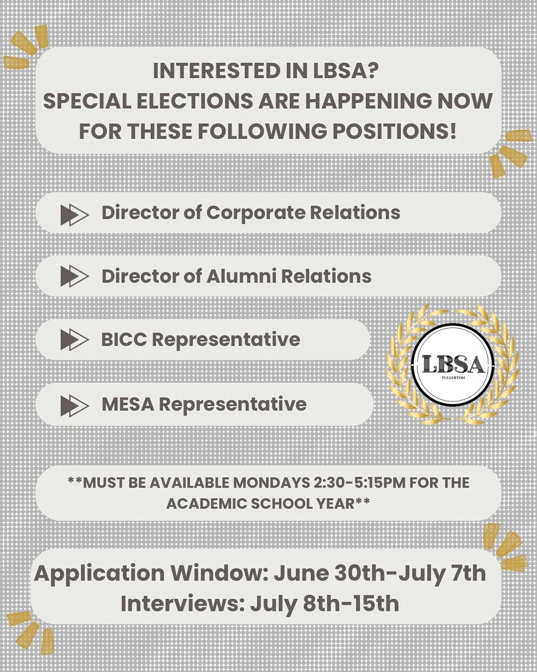 LBSA Special Elections are still open! 🎉
If you or a friend are interested in an opportunity to gain more experience and to make a meaningful impact on campus, join the LBSA E-Board! 
Positions are still open for:
Director of Corporate Relations 🧳
