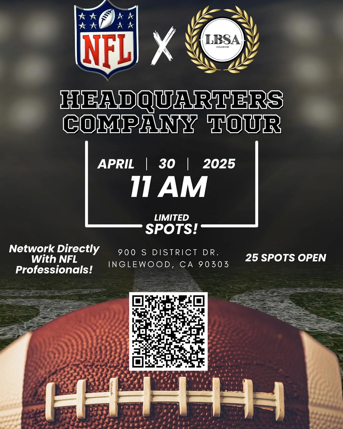 🚨 Limited Spots Available! 🚨
Join us for an exclusive tour of the NFL Headquarters! 🏈
📅 April 30, 2025 | 11 AM
📍 900 S District Dr., Inglewood, CA 90303
Only 25 spots open&mdash;reserve your spot before it&rsquo;s too late!&rdquo;