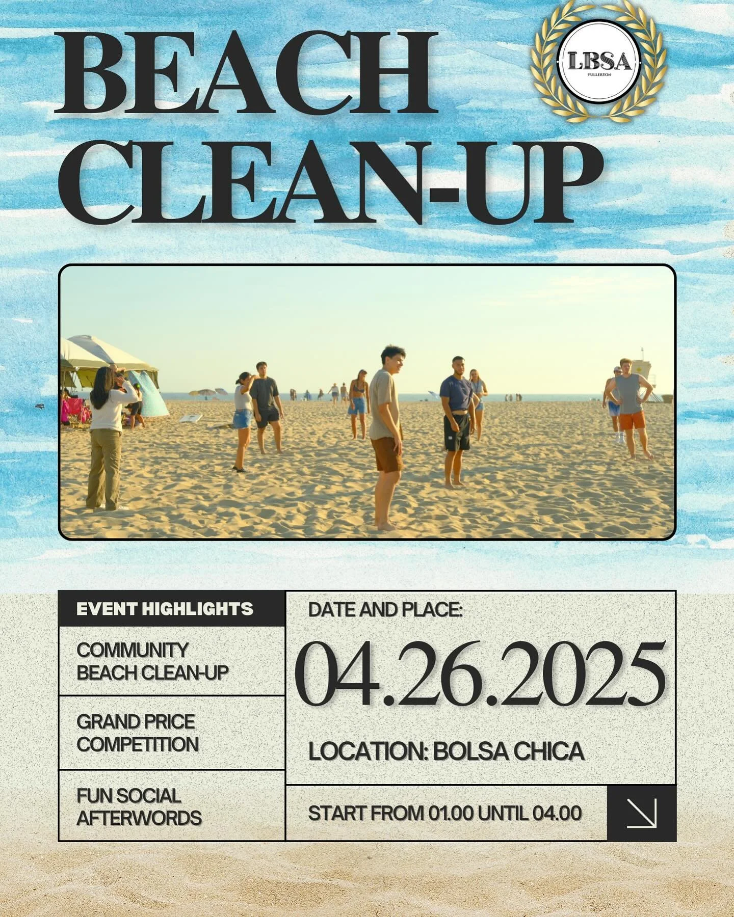 Join us for our final community service event of the semester! 🌟 

🗓️ This Sunday, April 26th, from 1:00 PM to 4:00 PM! 
📍 Location: Bolsa Chica Beach

Makeing a difference one last time for the spring semester and enjoy a fun social afterwards! ?
