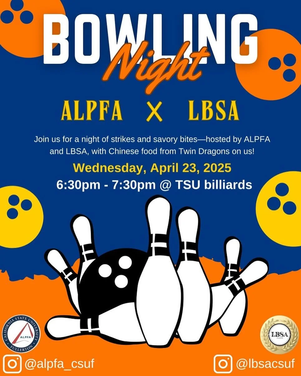 Strikes, bites, and good vibes! Join ALPFA x LBSA for a night at the lanes with free Chinese food from Twin Dragons!
April 23 | 6:30&ndash;7:30PM | TSU Billiards
You don&rsquo;t want to miss this!