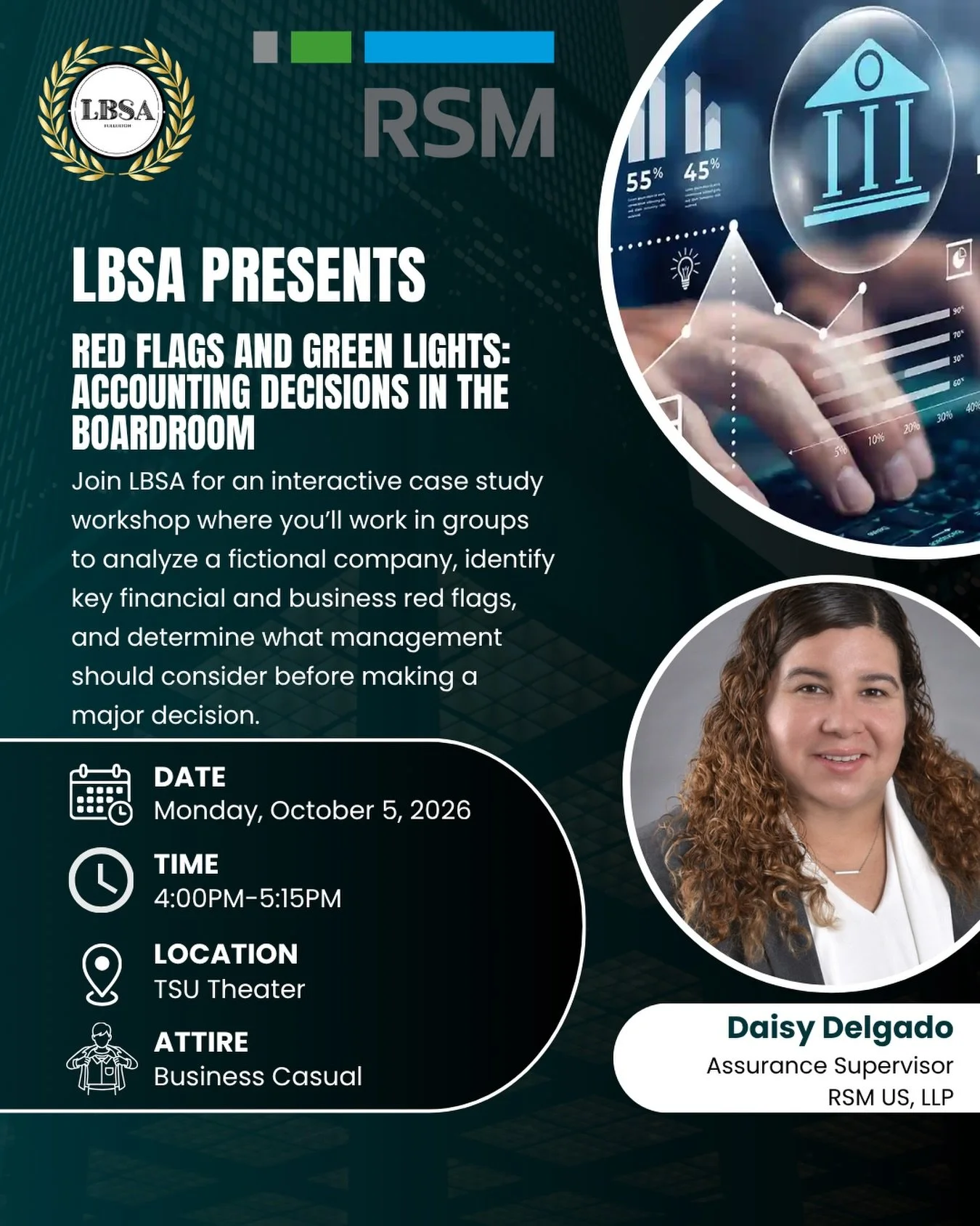 🚦 Red flags or green lights? It&rsquo;s time to make the call! 🚦

Join us for our next professional meeting with RSM as we welcome Daisy Delgado, Assurance Supervisor at RSM US, LLP! 💼

This meeting will feature an interactive case study where you