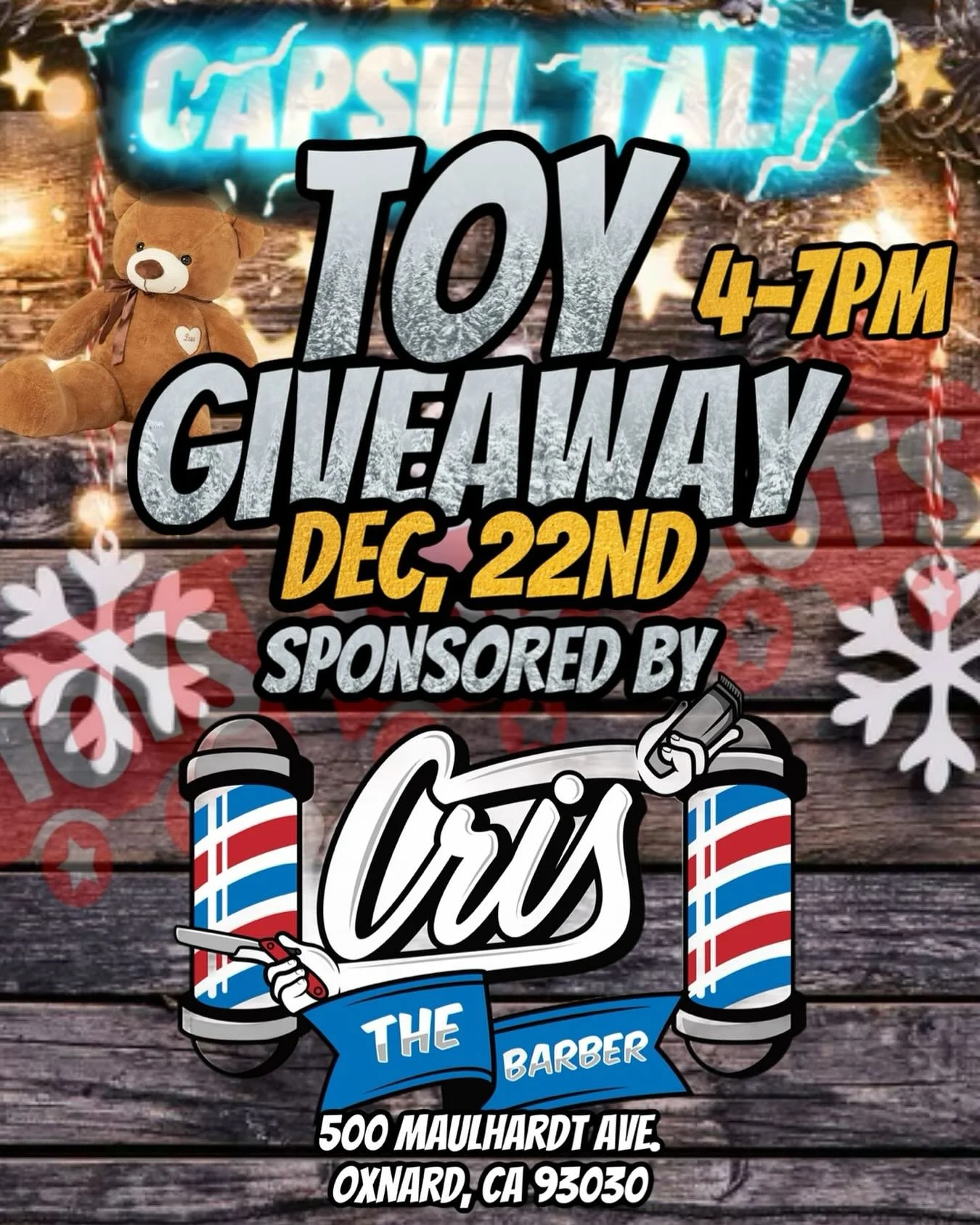PROUD TO BE A SPONSOR OF @capsultalk 2nd Annual Toy Giveaway 🧸🙏🏻 IF YOU GUYS WANT TO BE A SPONSOR DM @capsultalk @iamjosebarber OR DONATE FOR A GOOD CAUSE 🎄 THIS EVENT WILL HAPPEN DECEMBER 22nd INFORM ANYONE YOU KNOW TO STOP BY 📲
.
.
.
#oxnardba