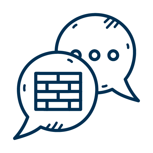 Zwei Sprechblasen, eine mit einem Ziegelmauer-Muster, die andere mit einem Uhr- und Sprechblasensymbol, auf dunkelbligem Hintergrund.