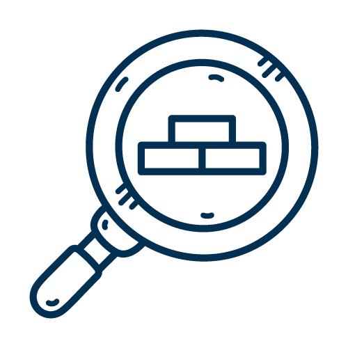 Lupe mit Brücke aus Blöcken im Inneren, symbolisch für Bau oder Konstruktion