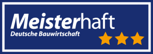 Logo mit dem Text 'Meisterhaft Deutsche Bauwirtschaft' und drei goldene Sterne darunter.