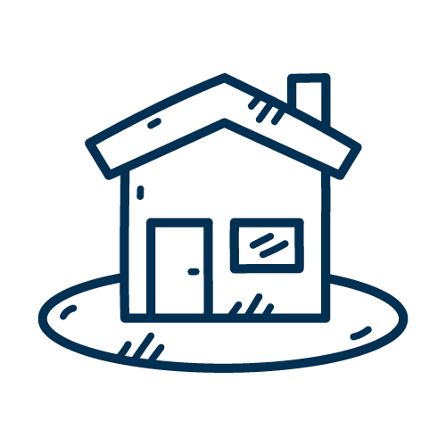 Illustration eines Hauses mit einem schiefen Dach, einer Tür, einem Fenster und einem Schornstein, auf einer ovalen Grundfläche.