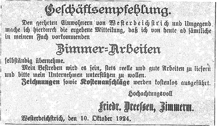 Angebotsanzeige für Zimmerarbeiten, datiert auf 10. Oktober 1924, in deutscher Sprache.