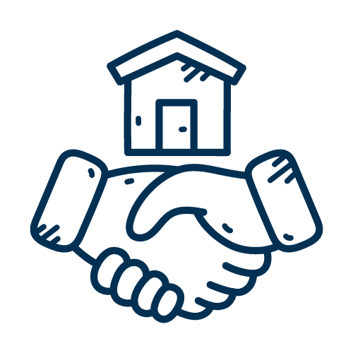 Zeichnung eines Hauses über zwei Händedrucken, Symbol für Immobilien oder Verträge.