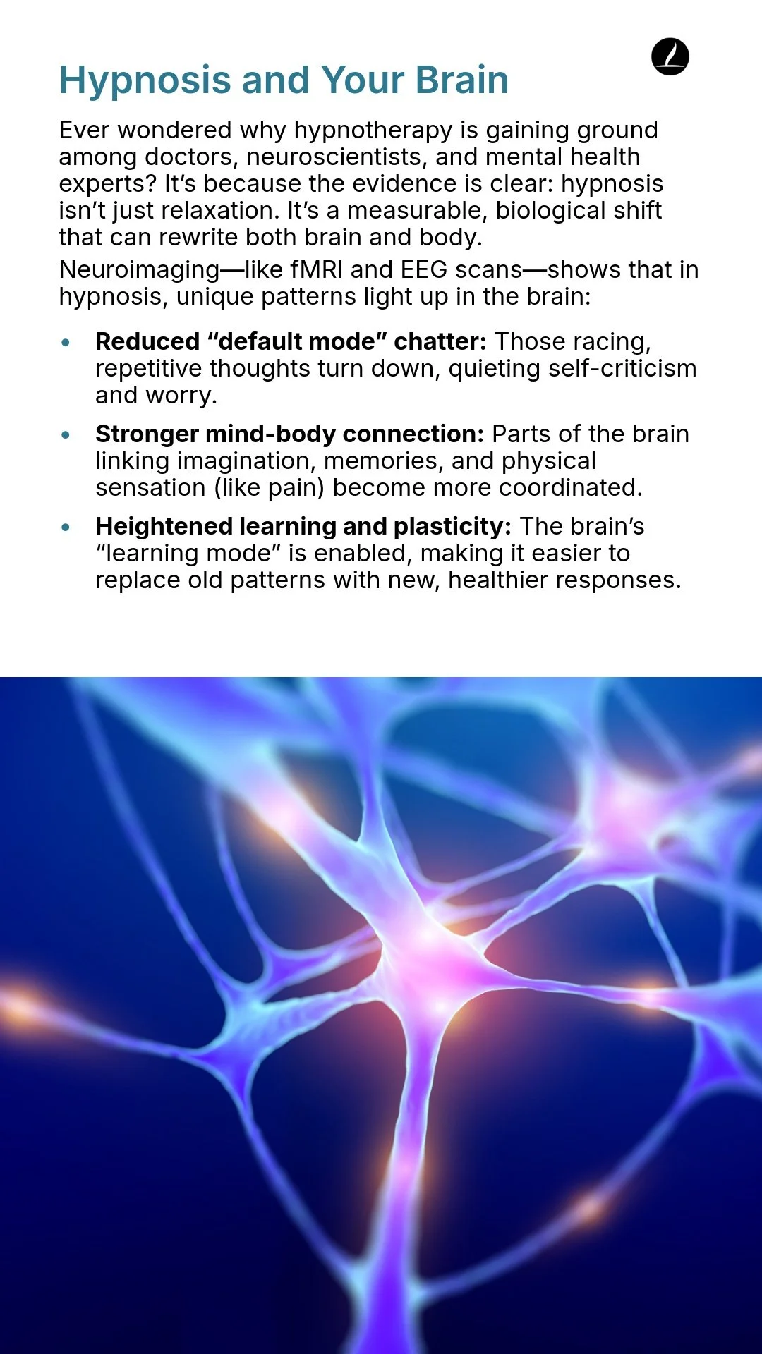 Information about how hypnotherapy affects the brain with illustrations of neurons.