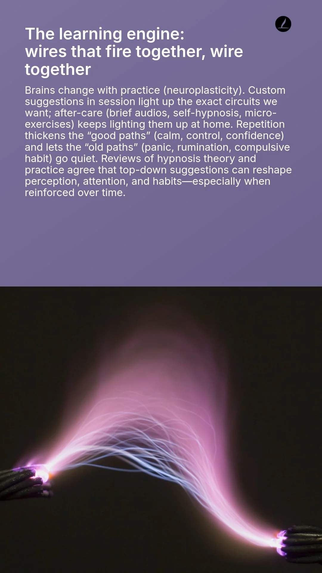 Text explaining the concept of a learning engine that uses wires firing together to rewire neural connections, with an image of electrical wires sparking and glowing in purple and pink colors.