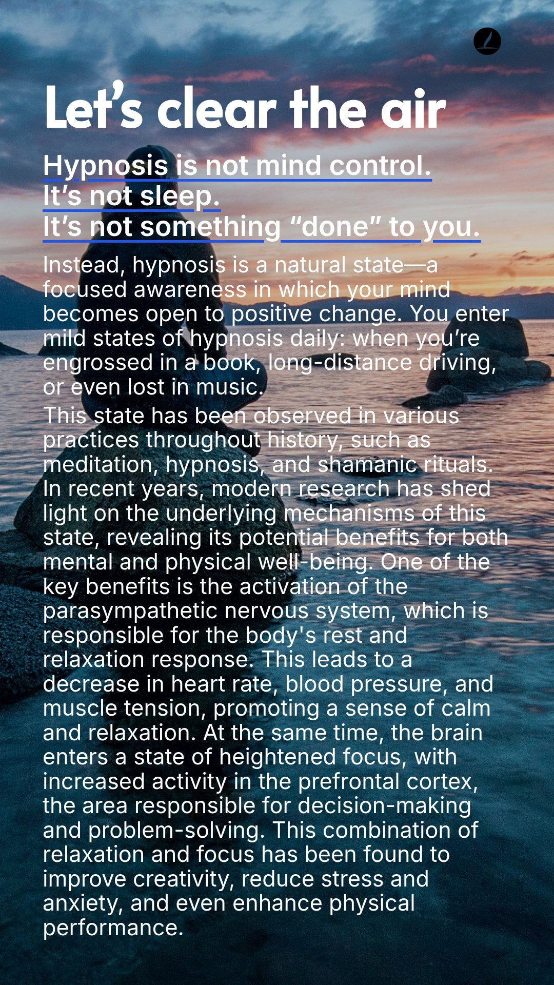A motivational poster with a scenic background of a rocky coastline during sunset, featuring the text 'Let's clear the air' and a detailed explanation about the benefits of hypnosis.