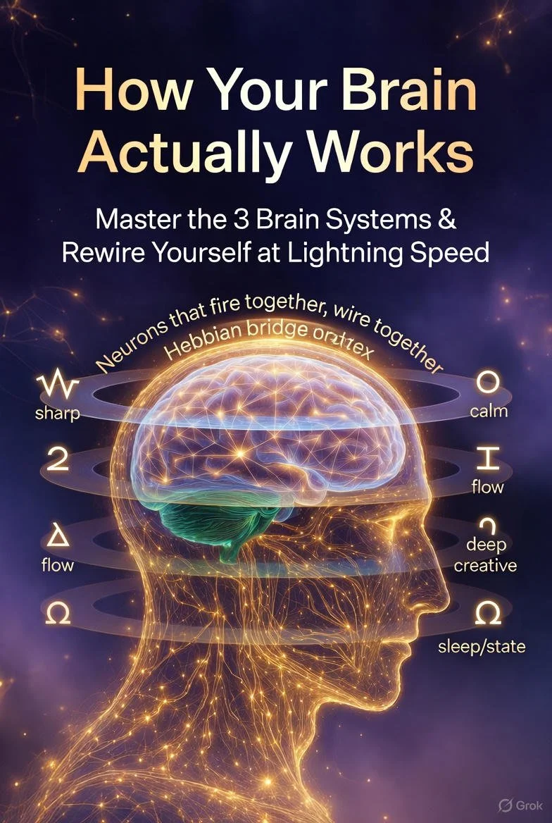 An infographic illustrating how the brain works, showing a glowing human head and brain with the title 'How Your Brain Actually Works.' It explains mastering three brain systems and rewiring at lightning speed, with symbols representing different brain states like sharp, calm, flow, deep creative, and sleep/state. The image includes the message 'Neurons that fire together, wire together' and references the Hebbian bridge ortiex.
