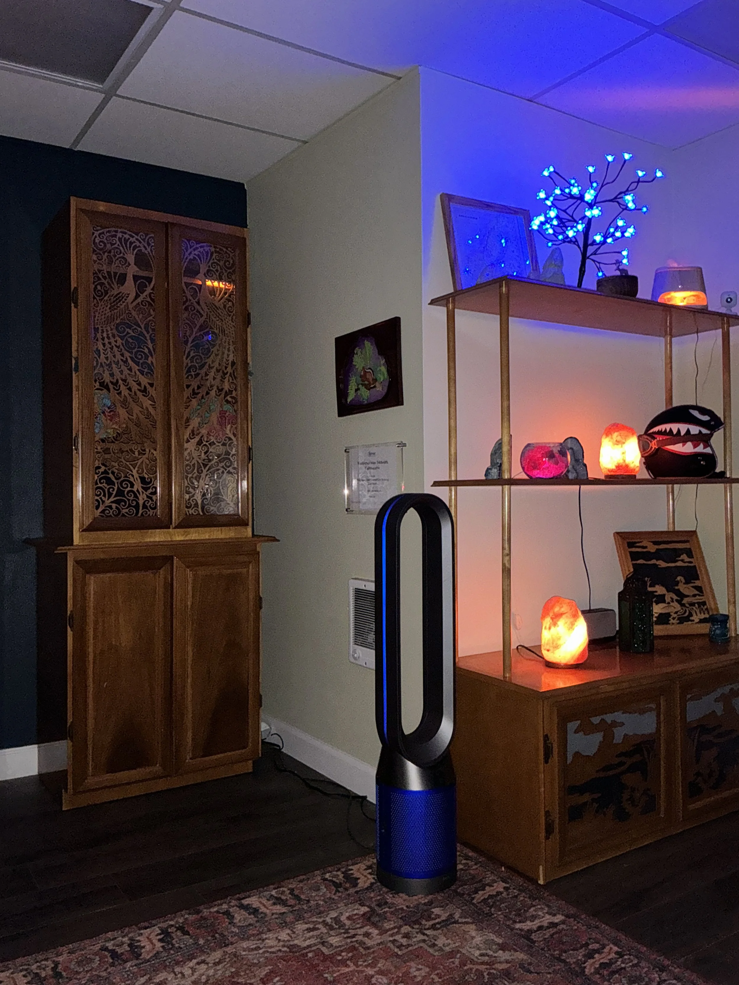 Living room corner with salt lamps on a wooden shelf and salt lamps glowing, a Dyson bladeless fan, and decorative items on shelves, with blue and purple lighting.