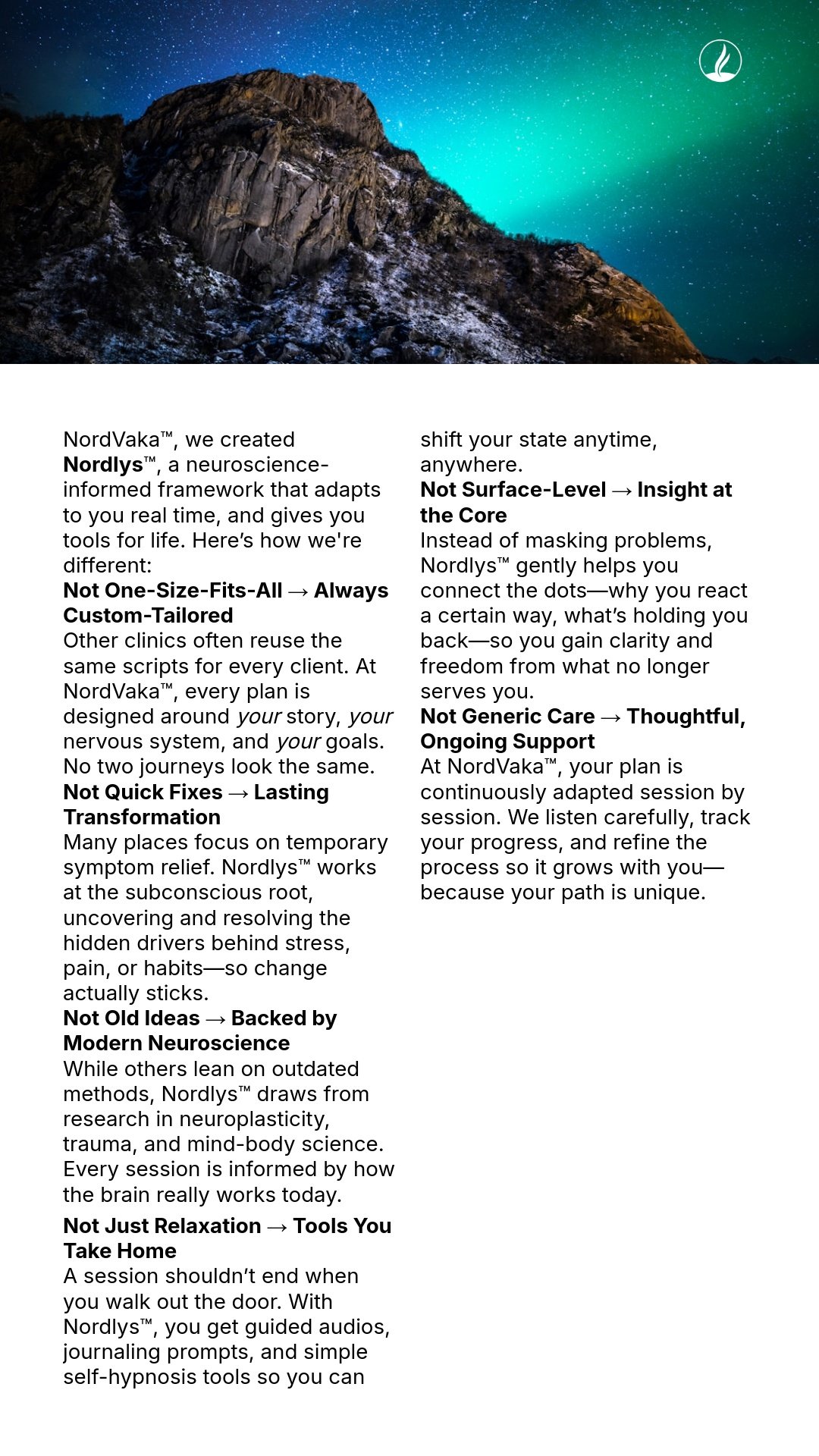Information sheet about NordVaka and Nordlys neuroscience-inspired mental health tools with a mountain and starry sky background.