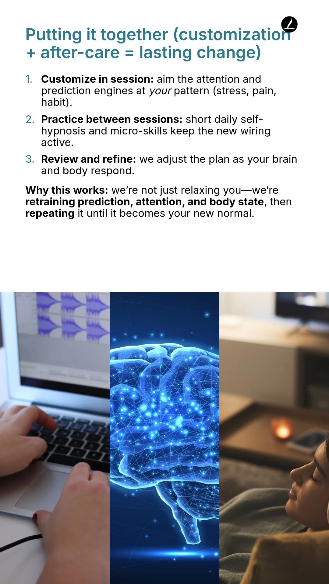 A person working on a laptop, a digital illustration of a brain with neural connections, and a woman relaxing on a sofa.