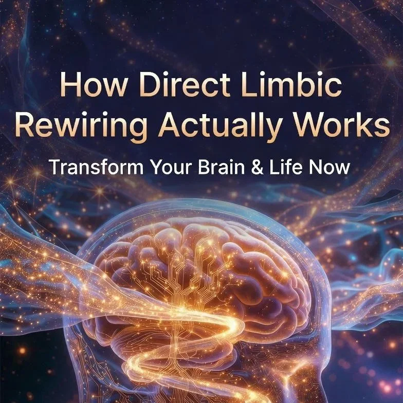 Cover of a book or program titled 'How Direct Limbic Rewiring Actually Works' with a digital illustration of a human brain and neural connections, glowing in a cosmic background.