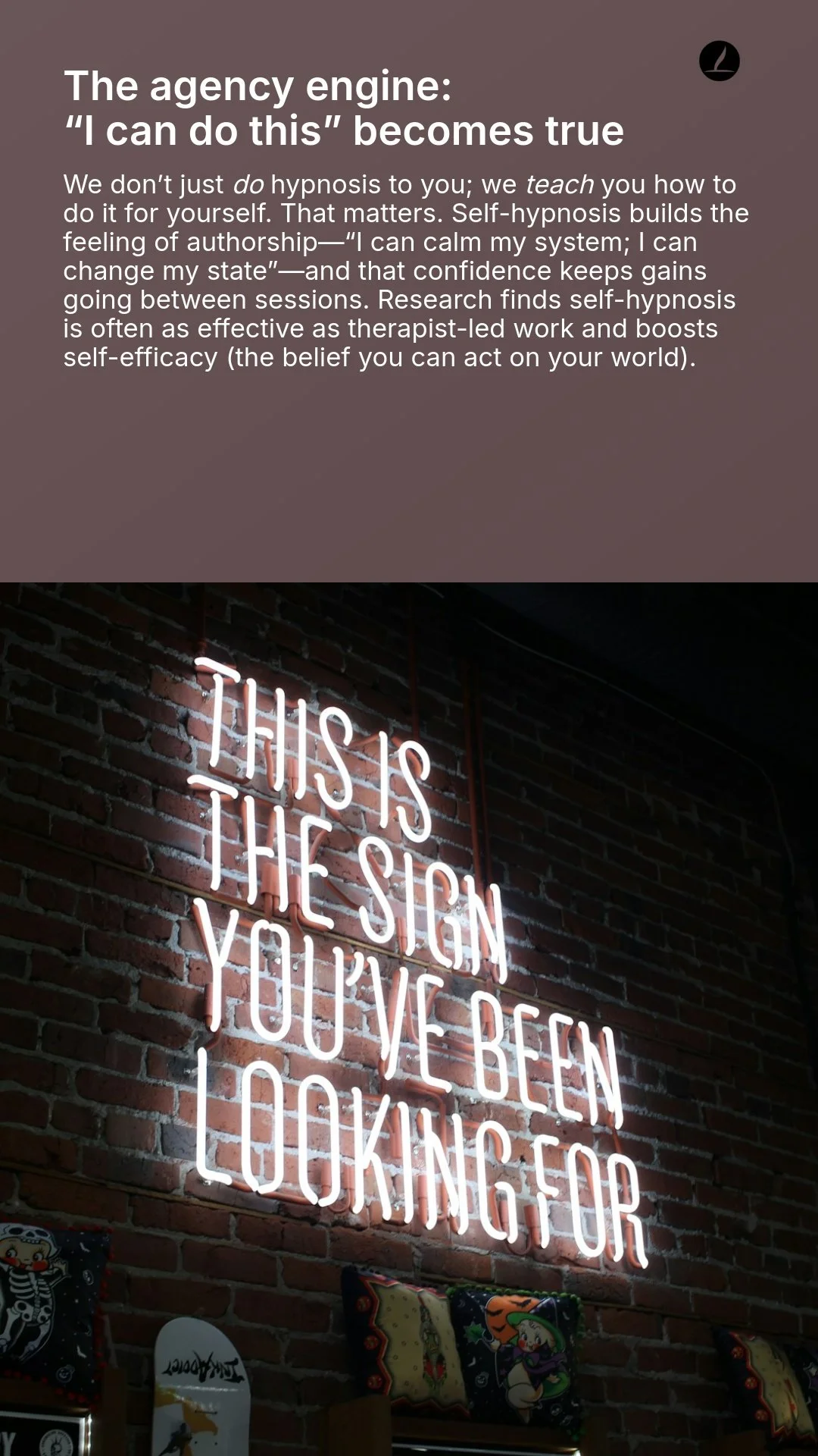 Neon sign on a brick wall that reads 'THIS IS THE SIGN YOU'VE BEEN LOOKING FOR' and decorative pillows on a shelf below.